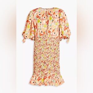 BYTIMO Peach Shirred Floral-print Satin-crepe Mini Dress Sz XS